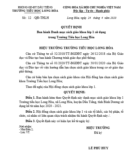 Công bố bộ SGK lớp 1 của Trường tiểu học Long Hòa